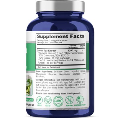 NusaPure Green Tea 20:1 Extract, 1200 mg Equivalent to 24000mg, 180 Vegan Capsules, 50 EGCG, 98 Polyphenols, 80 Catechins