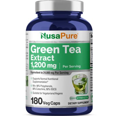 NusaPure Green Tea 20:1 Extract, 1200 mg Equivalent to 24000mg, 180 Vegan Capsules, 50 EGCG, 98 Polyphenols, 80 Catechins