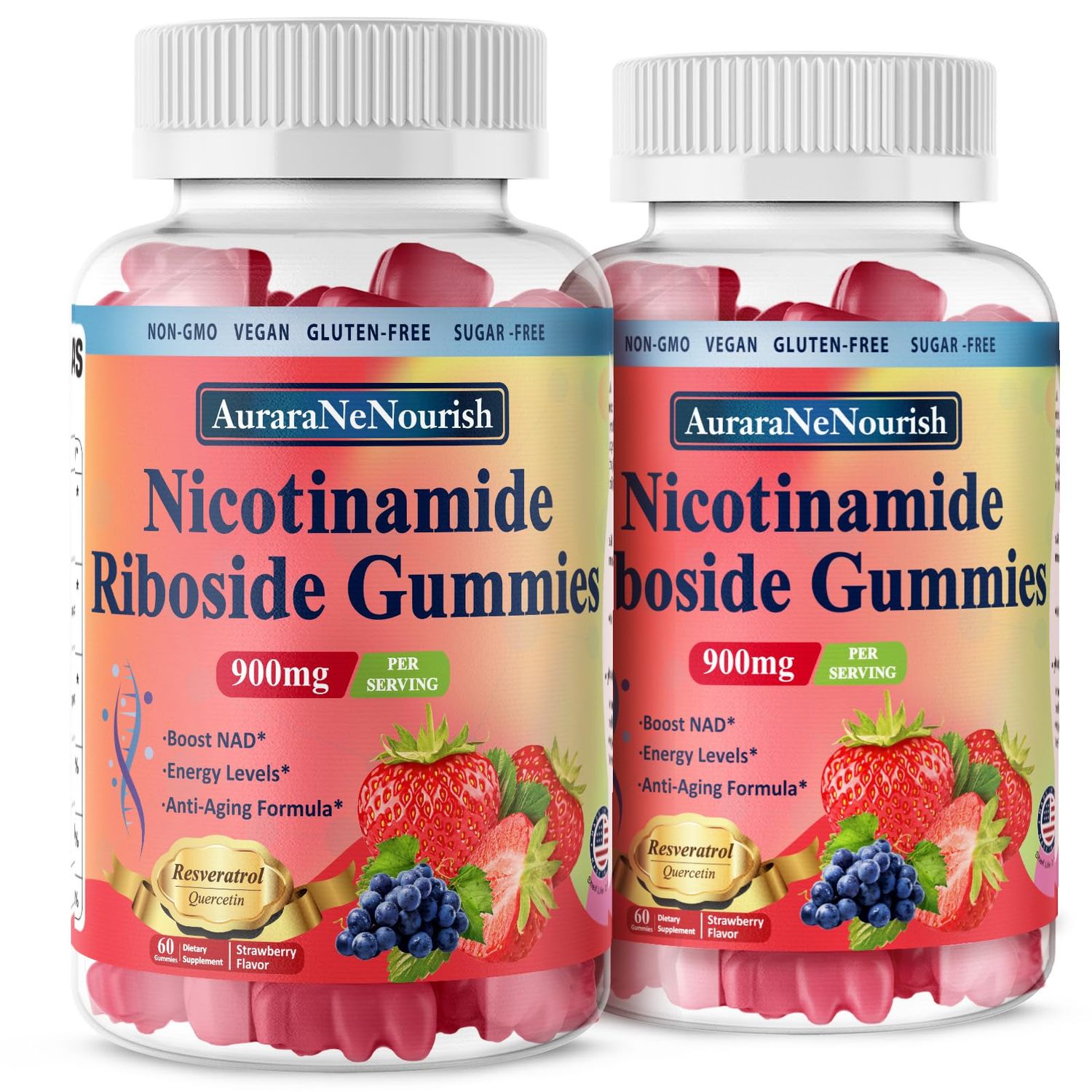 2 Pack NAD Resveratrol Supplement, Sugar Free Nicotinamide Riboside 900mg Gummies with Quercetin, Collagen, Vitamin Support Anti Aging, Cell Regeneration, Energy Boost, Skin Improvement for Women Men