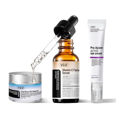 VGO Skin Care Set, with Snail Mucin 92 Moisturizer, Vitamin C Serum Pro-Xylane Active Eye Cream, 3-Step Skin Care Kit, Day Night Skincare Routine