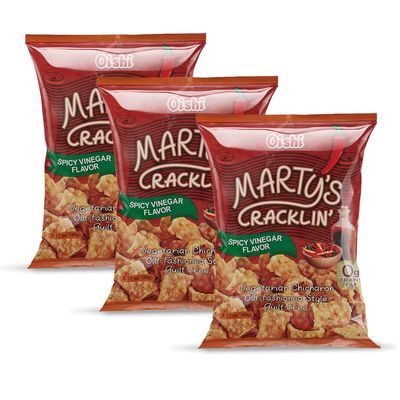 Oishi Marty&#39;s Cracklin&#39;, Spicy Vinegar - Light and Airy Vegetarian Chicharron, 3.17oz (90g), 3 Pack