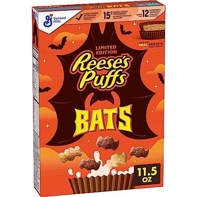 Reese&#39;s Puffs Bats, Chocolatey Peanut Butter Cereal, Kids Breakfast Cereal, Halloween Edition, Made with Whole Grain, 11.5 oz