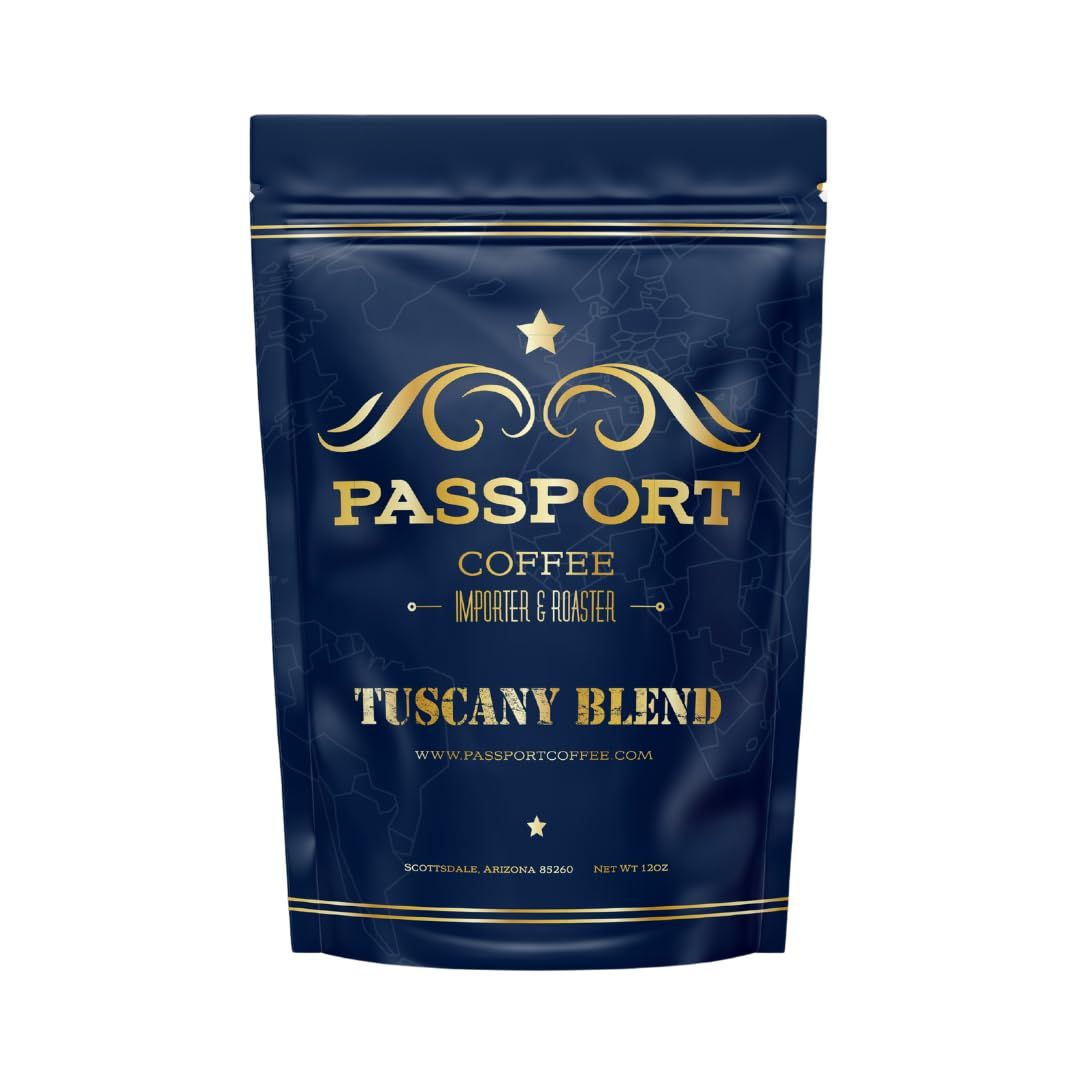 Passport Coffee Tuscany Blend - Medium dark roast blend from Sumatra, Guatemala Ethiopia. Flavor notes of caramel and rich chocolate. Premium whole bean coffee, 12oz Bag