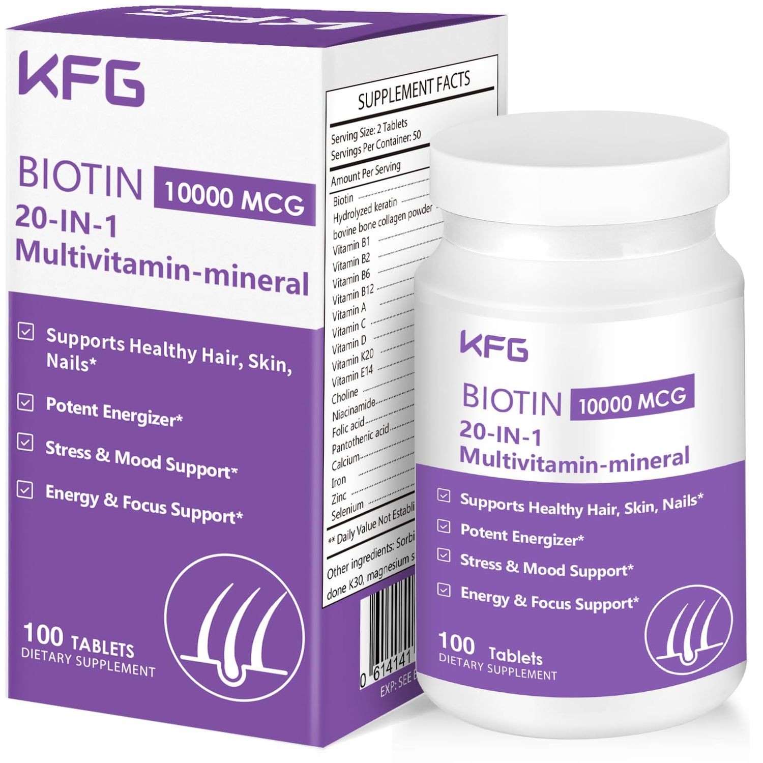 KFG Biotin 10000mcg, Women s Multivitamin-Mineral, with Keratin, Collagen, Calcium, Niacinamide Vitamins A, B, D, C, E, for Women Hair, Skin, Nail Bone Health, 100 Tablets.