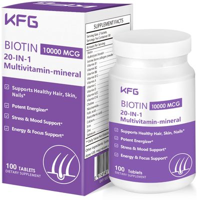 KFG Biotin 10000mcg, Women s Multivitamin-Mineral, with Keratin, Collagen, Calcium, Niacinamide Vitamins A, B, D, C, E, for Women Hair, Skin, Nail Bone Health, 100 Tablets.