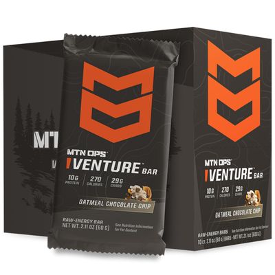 MTN OPS Venture Bar Oatmeal Chocolate Chip Energy Bar 10g Protein Gluten-Free Nutrient Dense Peanut-Based Raw Energy Bar 10 Bars per Box