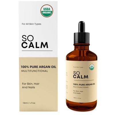 SoCalm 100 Pure Argan Oil - Cold-Pressed Organic, Deep Moisture for Face, Skin Hair, Rich in Vitamin E Fatty Acids - 4oz 118ml