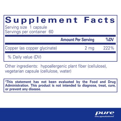 Pure Encapsulations Copper Glycinate 60's - 2 mg Copper Supplement, Supports Red Blood Cell Formation - Aids Energy Metabolism - Non-GMO Vegan - 60 Capsules