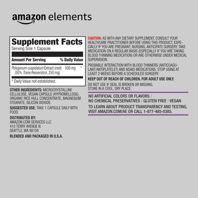 Amazon Elements Trans-Resveratrol, 250 mg, 60 Capsules, 2 Month Supply, Vegan
