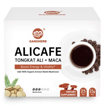 GANOHERB Maca Energy Coffee for Men, Women Herbal Coffee with Tongkat Ali, Maca Root, Reishi Mushroom Extract for Energy Focus - 1 box (25 Packets)
