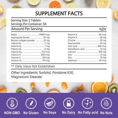KFG Biotin 10000mcg, Women s Multivitamin-Mineral, with Keratin, Collagen, Calcium, Niacinamide Vitamins A, B, D, C, E, for Women Hair, Skin, Nail Bone Health, 100 Tablets.