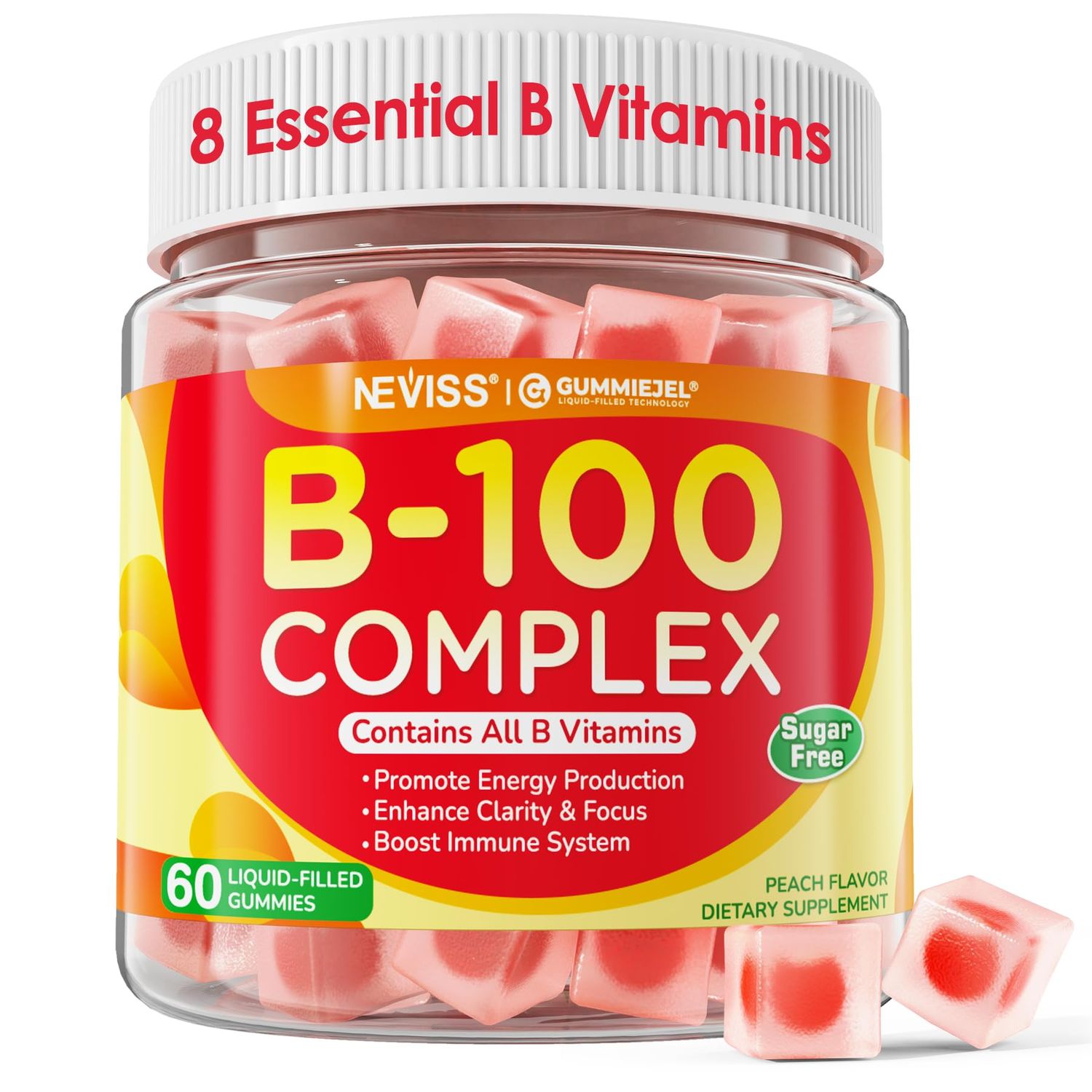 Super Vitamin B Complex Gummies - All B Vitamins Including Methyl B12, B1, B2, B3, B5, B6, Biotin, Methylfolate with Vitamin C, Choline, Inositol, PABA for Energy, Brain Immune Support, Sugar Free