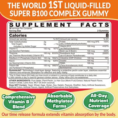 Super Vitamin B Complex Gummies - All B Vitamins Including Methyl B12, B1, B2, B3, B5, B6, Biotin, Methylfolate with Vitamin C, Choline, Inositol, PABA for Energy, Brain Immune Support, Sugar Free