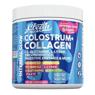 Bovine ColostrumCollagen Peptides Powder L-Glutamine L-Lysine Prebiotics Probiotics Digestive Enzymes Vitamin D K2 Vitamin C Quercetin FolateGut Health Supplement Internal Glow By Clean Nutra (1)