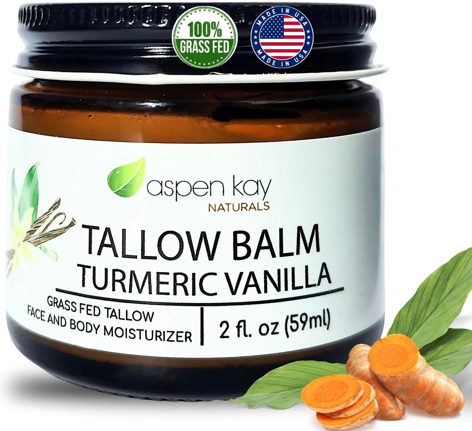 Aspen Kay Naturals Handmade 100 Grass Fed Beef Tallow Balm for Skin Care, Organic Turmeric Moisturizer Vitamin C (Turmeric Vanilla) Organic Body Butter - 2 fl. oz. Made in USA
