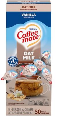 Nestle Coffee mate Plant Based Liquid Coffee Creamer Singles, Vanilla Flavored Oat Milk, 50 Ct Box with Coffee Scoop