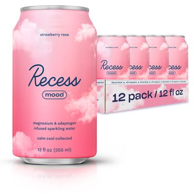 Recess Mood Magnesium Adaptogen Drink, Relaxation Beverage, 12 ounce (Strawberry Rose, 12 pack)