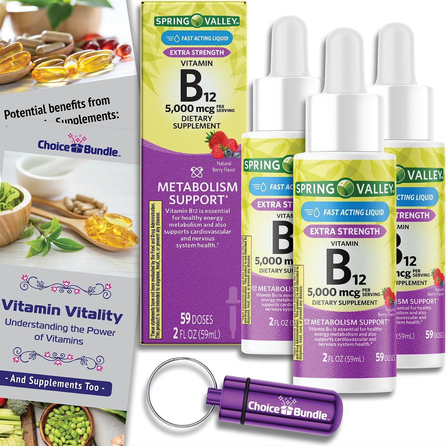 Choice Bundle Spring Valley Liquid Vitamin B12 5000 mcg Metabolism Dietary Supplement Berry 2 fl oz 3 pk (6 oz Total) Vitamin Guide and Pill Container (5 Items)!