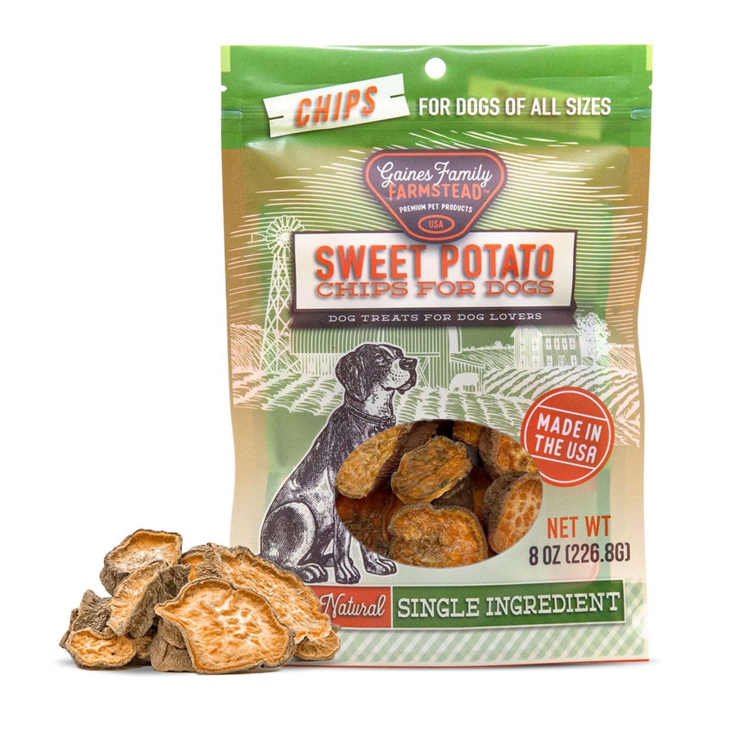 Gaines Family Farmstead Sweet Potato Chips for Dogs - 8 oz Single-Ingredient, All-Natural Dog Treats, Grain-Free High in Fiber, Made in USA, Crunchy Training Treats