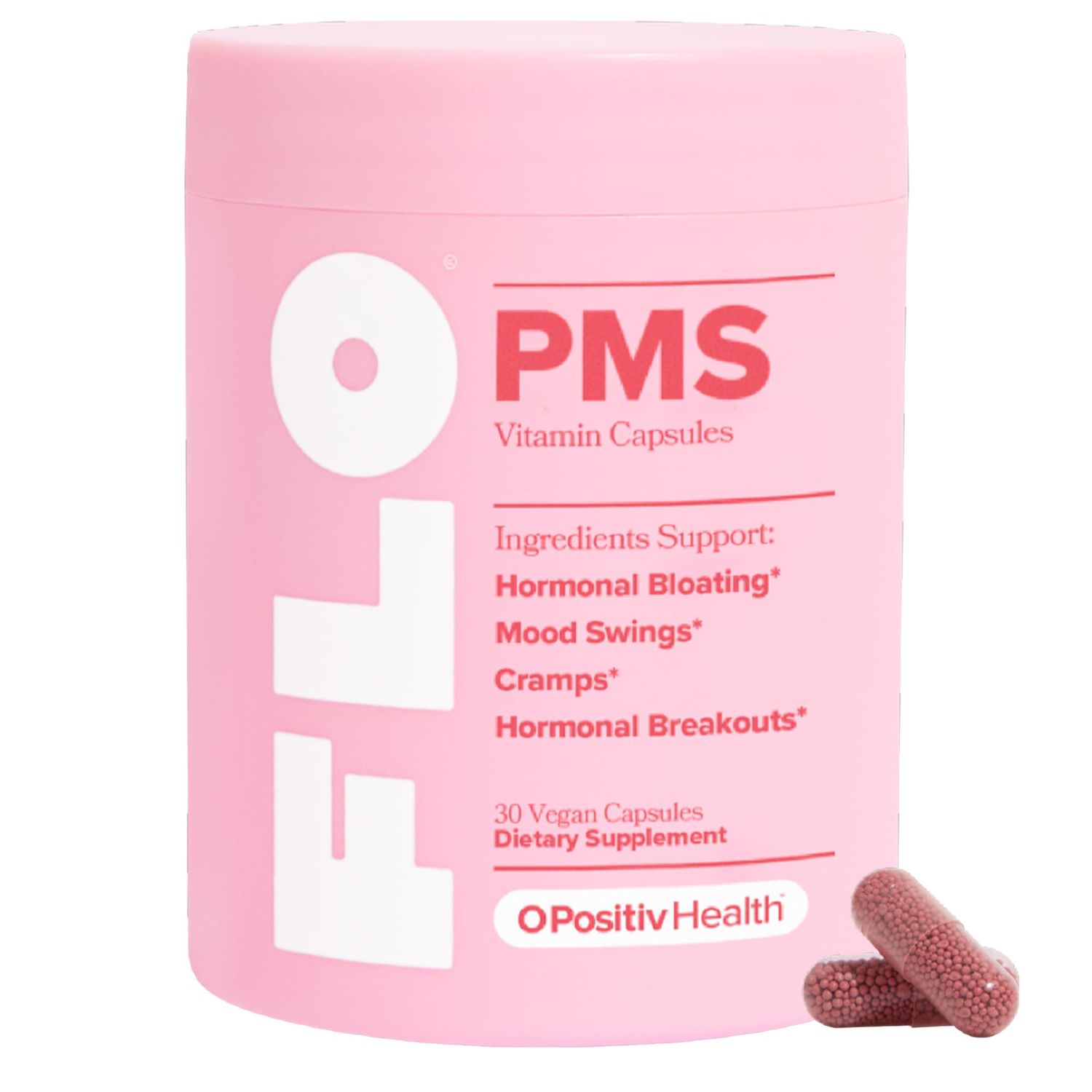 O Positiv FLO PMS Vitamins for Women, 30 Servings (Pack of 1) - Proactive PMS Relief - Targets Hormonal Breakouts, Bloating, Cramps, Mood Swings with Chasteberry, Vitamin B6, Lemon Balm