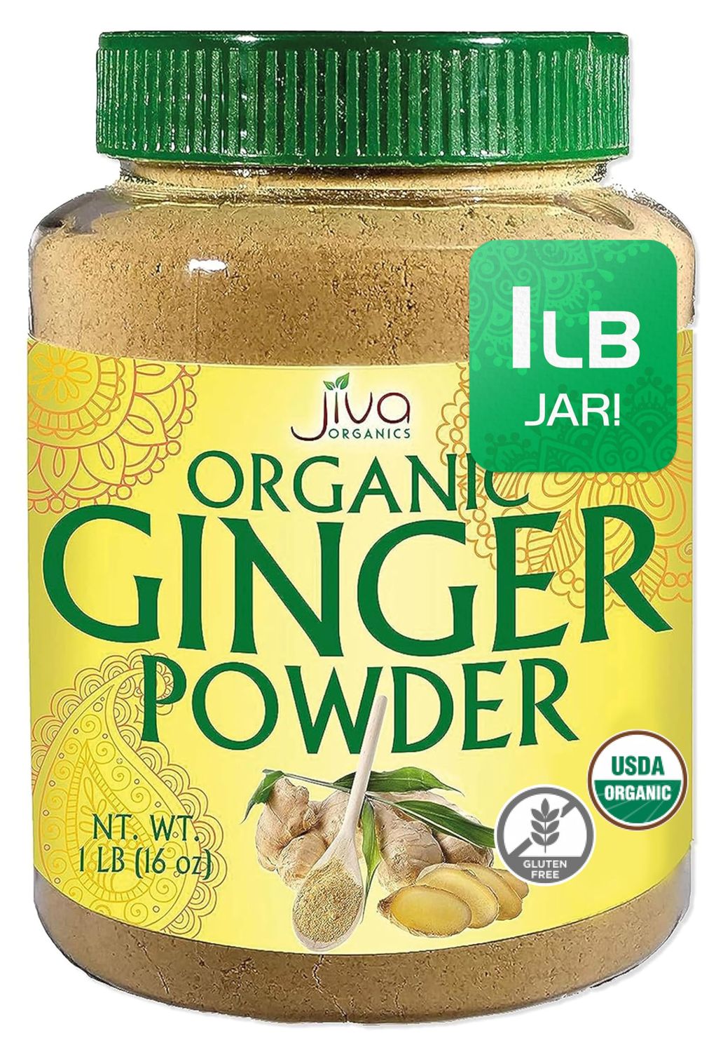 Jiva Organics Organic Ginger Root Powder 1 LB Jar - Gluten Free, Non-GMO - for Cooking, Baking, Tea More - Bulk Ginger Ground Dry