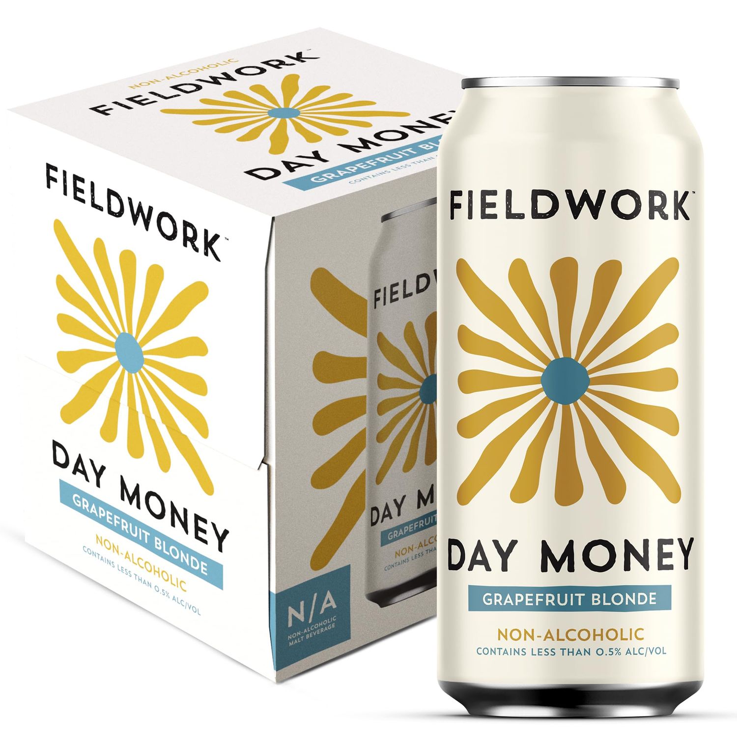 Fieldwork Non-Alcoholic Craft Beer 16 Fl Oz, Day Money Grapefruit Blonde, Vegan, Low-Calorie, 4-Pack Cans