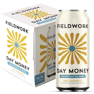 Fieldwork Non-Alcoholic Craft Beer 16 Fl Oz, Day Money Grapefruit Blonde, Vegan, Low-Calorie, 4-Pack Cans