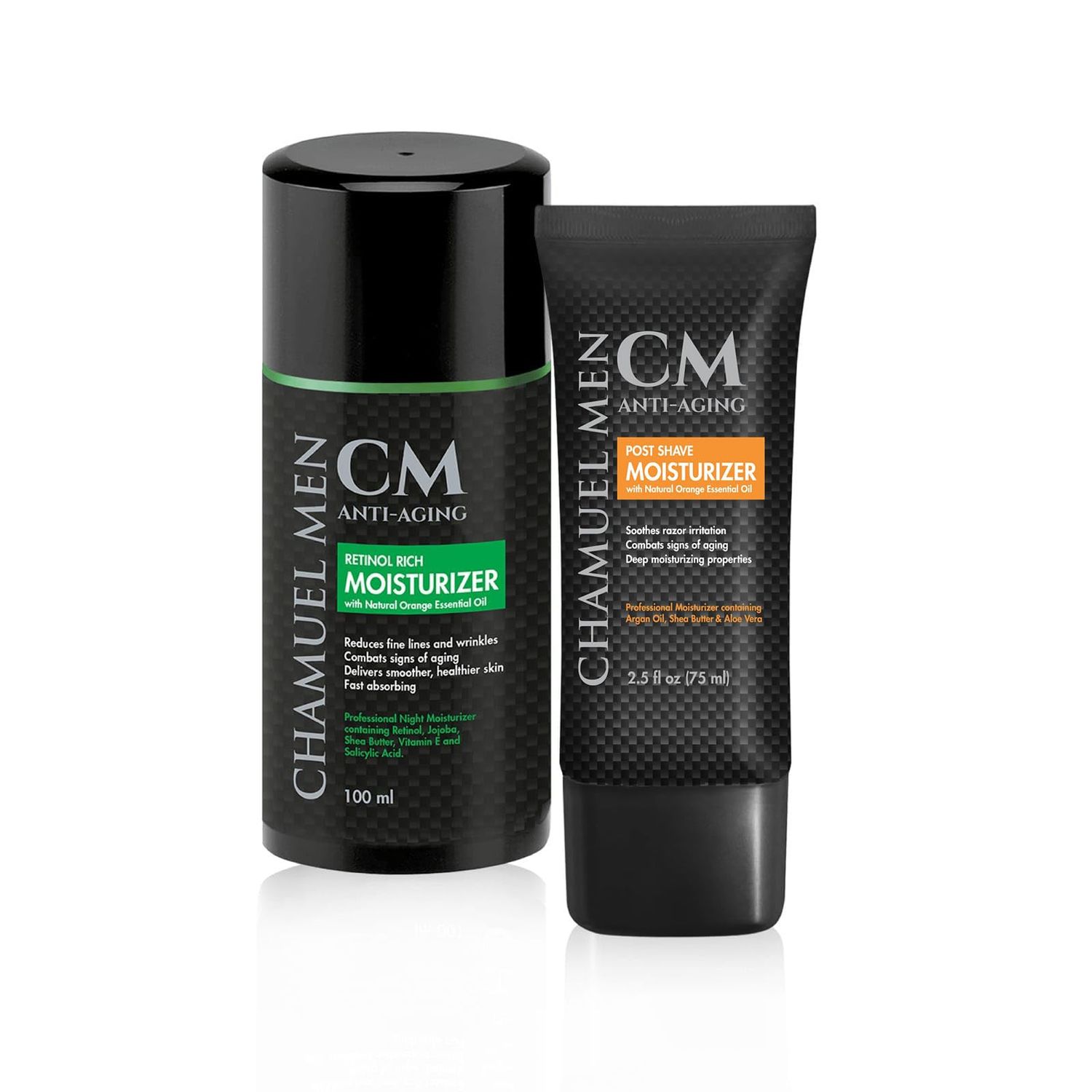CHAMUEL MEN Day Night Skincare Set for Men Includes Anti-aging Post Shave Moisturizer Night Moisturizer wRetinol. The Essential Kit for Day Night Skincare for Men. Organic Key Ingredients!