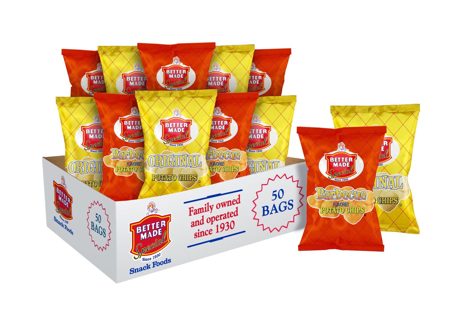 Better Made Special Original BBQ Potato Chips Variety Pack - Case of 50-1oz Bags - 25 BBQ25 Original - Crunchy, Individual Snacks Made from Fresh Potatoes