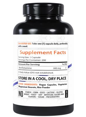 Healthfare Benfotiamine 300mg 200 Capsules Fat Soluble Thiamine Vitamin B1 Supports Overall Health Non-GMO Gluten Free (2-Pack)