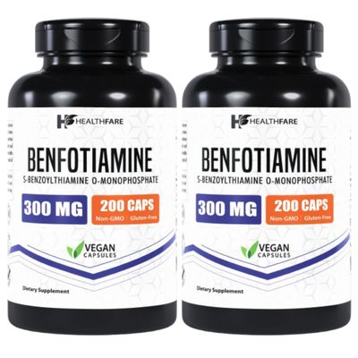 Healthfare Benfotiamine 300mg 200 Capsules Fat Soluble Thiamine Vitamin B1 Supports Overall Health Non-GMO Gluten Free (2-Pack)