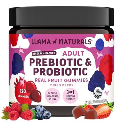 Llama Naturals Probiotics for Women and Men with Prebiotic Fiber, Vegan, Organic, Probiotic Gummies for Gut Health Support, Adults Real Fruit Gummy Vitamins, No Added Sugar Cane, Mixed Berry, 120 Ct