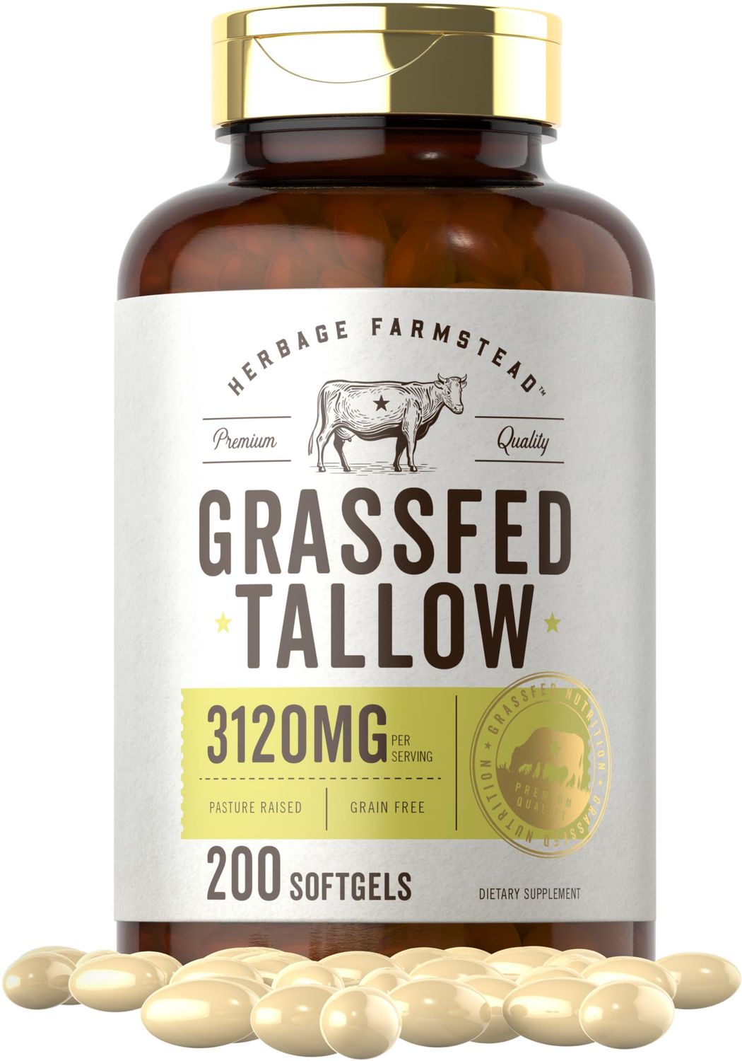 Carlyle Grass Fed Beef Tallow 3120mg 200 Softgel Capsules Pasture Raised Bovine Supplement Non-GMO, Gluten Free by Herbage Farmstead