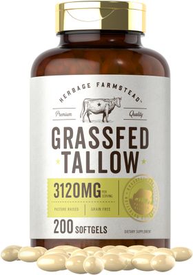 Carlyle Grass Fed Beef Tallow 3120mg 200 Softgel Capsules Pasture Raised Bovine Supplement Non-GMO, Gluten Free by Herbage Farmstead