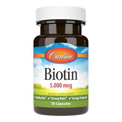 Carlson - Biotin, 5000 mcg, Healthy Hair, Strong Nails Energy Production, 50 Capsules