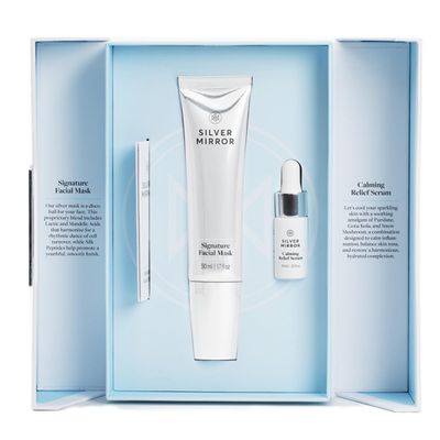 Signature Facial Mask By Silver Mirror (1.7 fl oz) Serum (0.33 fl oz) Skincare Set, 2-Step Exfoliating and Hydrating Treatment, Anti Wrinkle, with Hyaluronic Acid, for Instant Face Lift
