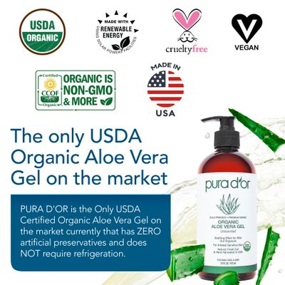 PURA D'OR 16 Oz ORGANIC Aloe Vera Gel - Unscented - All Natural - ZERO Artificial Preservatives - Deeply Hydrating Moisturizing - Sunburn, Bug Bites, Rashes, Small Cuts, Eczema Relief - Skin Hair