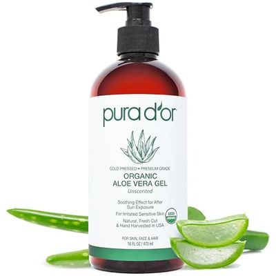 PURA D&#39;OR 16 Oz ORGANIC Aloe Vera Gel - Unscented - All Natural - ZERO Artificial Preservatives - Deeply Hydrating Moisturizing - Sunburn, Bug Bites, Rashes, Small Cuts, Eczema Relief - Skin Hair