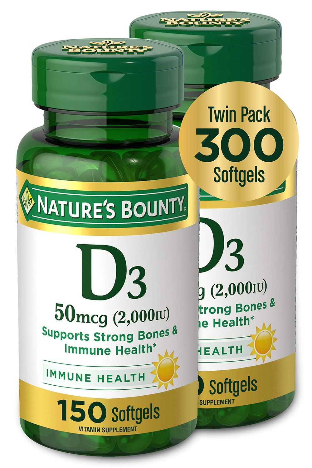 Vitamin D3 by Nature&#39;s Bounty, Vitamin Supplement, Supports Immune System and Bone Health, 50mcg, 2000IU,150 Count (Pack of 2)