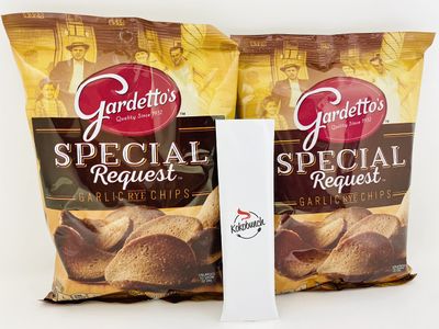Package includes 2 - 4.75oz bag of Gardettos Garlic Rye Chips Special Request and a complimentary Kokobunch Kit.