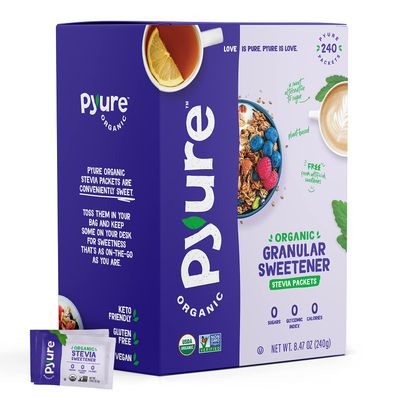 Pyure Organic Stevia Packets Granulated Sugar Packets - White Sugar Substitute Zero Carb, Zero Sugar, Zero Calorie Sweetener Packets Plant-Based Stevia Packets for Keto Coffee 240 Count