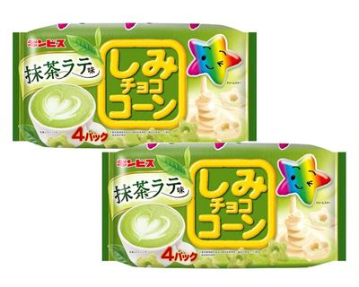 Ginbis &quot;Shimi Choco Corn&quot; Japanese Chocolate snack Matcha latte flavor 4 packs included 2 With MAIKO sticker Pio big bazar