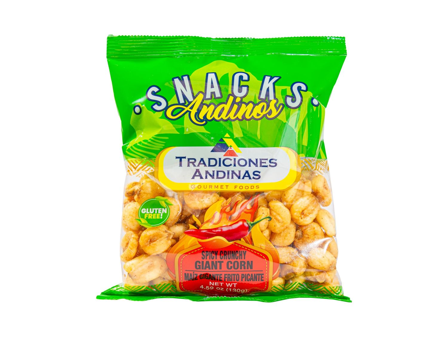 Tradiciones Andinas Spicy Crunchy Giant Corn 4.59 oz - Maiz Gigante Peruano Picante Snack, Peruvian Corn Salty Snacks Hot, Fried and Crunch Peru Products, Golosinas Peruanas