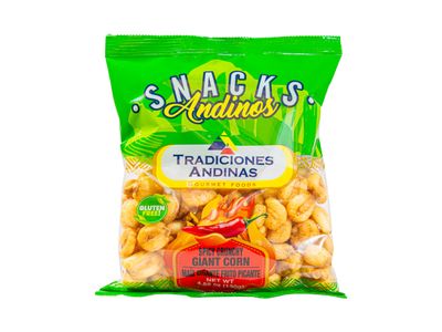 Tradiciones Andinas Spicy Crunchy Giant Corn 4.59 oz - Maiz Gigante Peruano Picante Snack, Peruvian Corn Salty Snacks Hot, Fried and Crunch Peru Products, Golosinas Peruanas