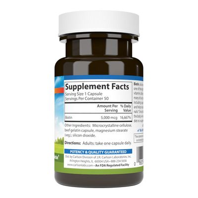 Carlson - Biotin, 5000 mcg, Healthy Hair, Strong Nails Energy Production, 50 Capsules