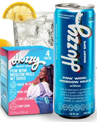 Huzzy Smart Sips Non Alcoholic Drinks - Moscow Mule Inspired Beverage, Alcohol Free Functional Cocktails Alternative - Low Calorie, Low Carb, No Refined Sugar, No Caffeine Artificial Colors - 4 Pack