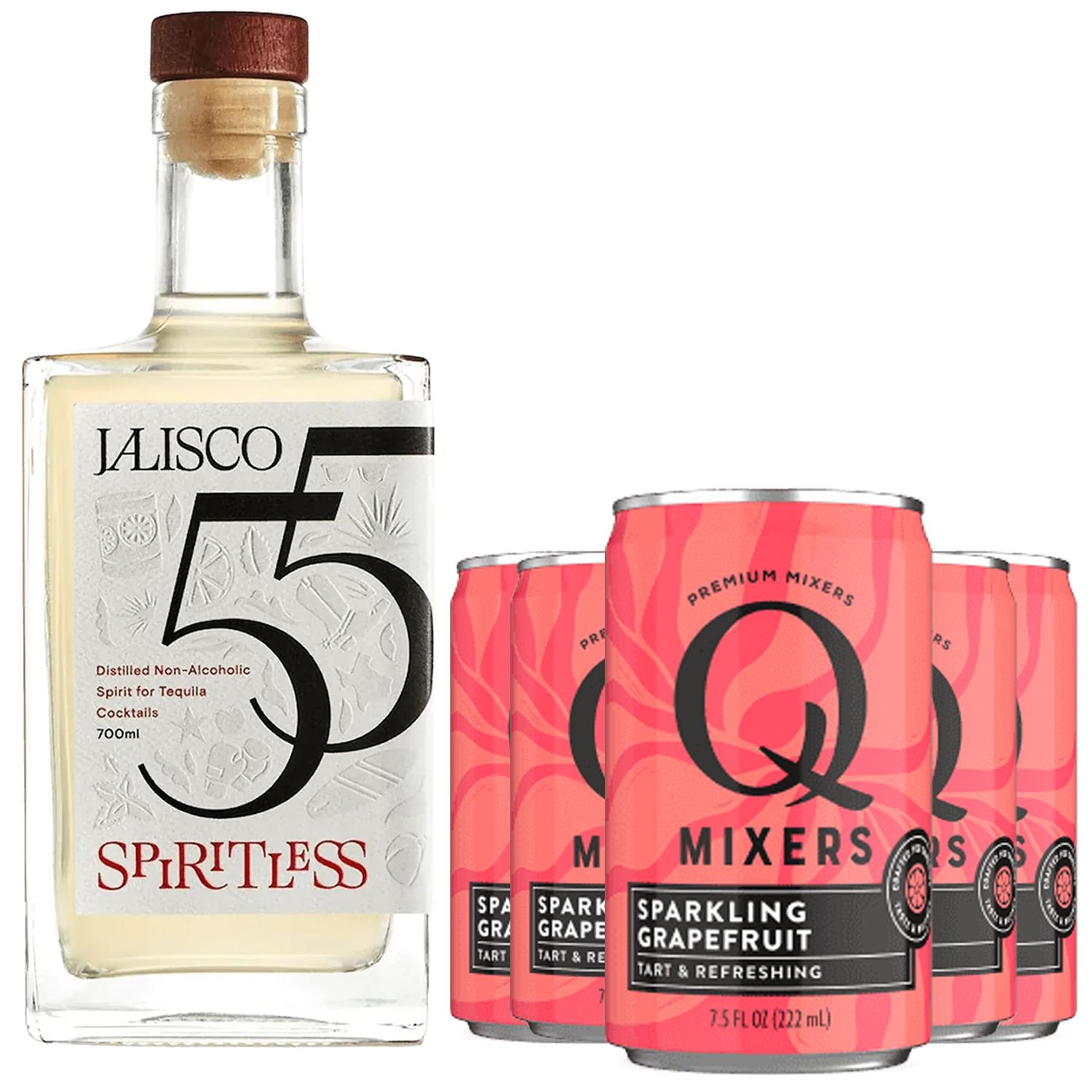 Spiritless Jalisco 55 Distilled Non-Alcoholic Tequila Bundle with Q Mixers Grapefruit (Paloma) - Premium Zero-Proof Liquor Spirits for a Refreshing Experience 5 PACK