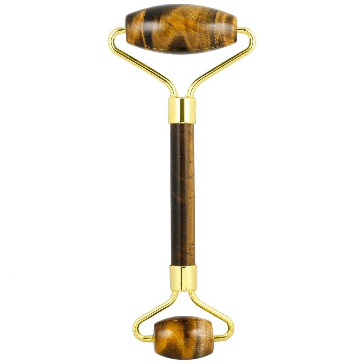 Rockcloud Natural Crystal Stone Roller Massager Double Neck Face Neck Massage Therapy Anti-Aging Wrinkle Healing Slimming Skincare Tool, Tiger&#39;s Eye Stone