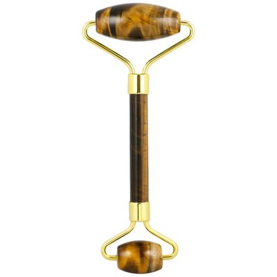 Rockcloud Natural Crystal Stone Roller Massager Double Neck Face Neck Massage Therapy Anti-Aging Wrinkle Healing Slimming Skincare Tool, Tiger&#39;s Eye Stone