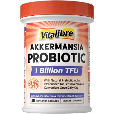 Vitalibre Akkermansia Muciniphila Probiotic 1 Billion TFU, wNatural Prebiotic Inulin, Naturally Increases GLP-1, Healthy Digestion Metabolism, Probiotic Supplement for Women Men, 30 Capsules